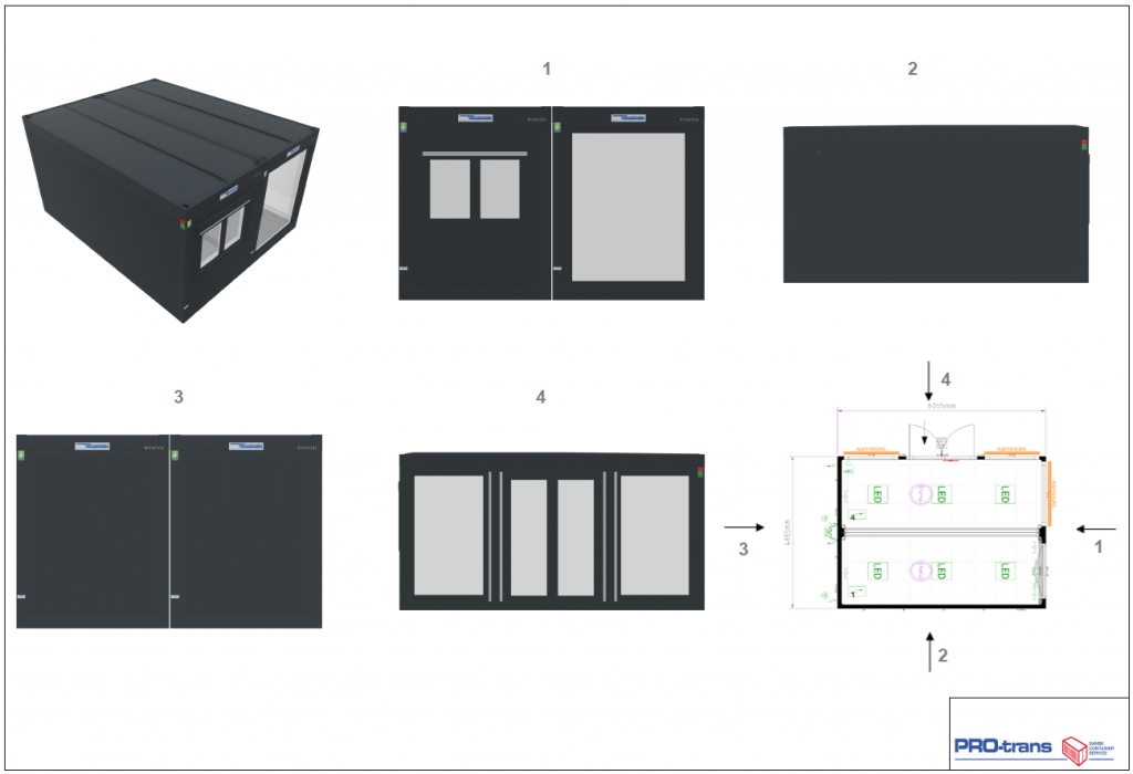 Containeranlæg i PLUS LINE med store vinduer fra gulv til loft