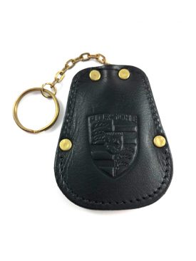 Key Case Fob Pouch - Black Leather Porsche Crest