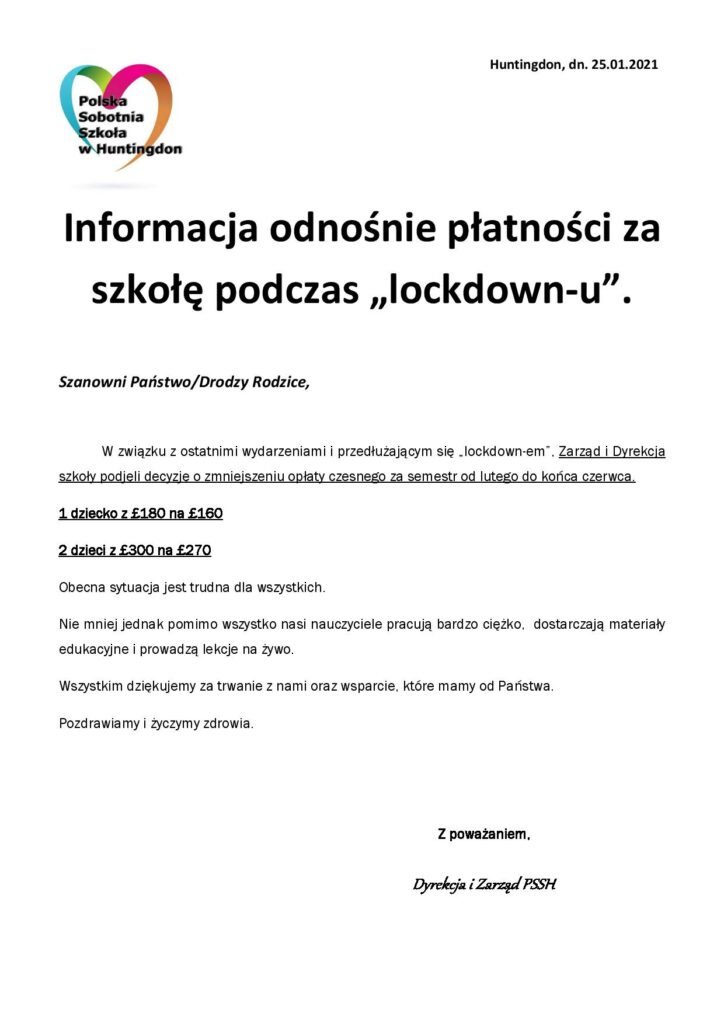 Informacja odnośnie zmian płatności za szkołę podczas 