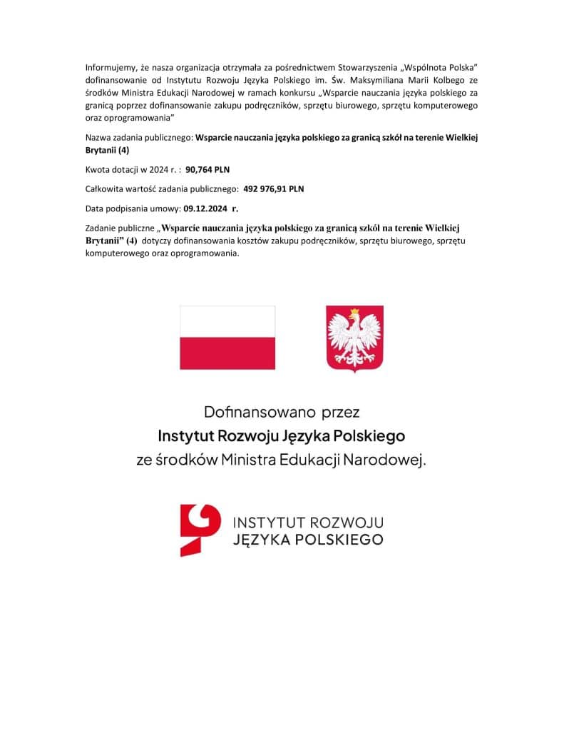 „Wsparcie nauczania języka polskiego za granicą poprzez dofinansowanie zakupu podręczników, sprzętu biurowego, sprzętu komputerowego oraz oprogramowania”