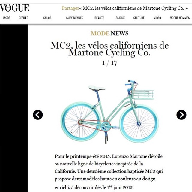 VOGUE.fr features Martone Cycling Co new bicycles , new colors and new sizes ( the MIA ) @vogueparis @martonecyclingca @cyrillecaron #vogue #press #martonecyclingco #bicycles #publicimagepr