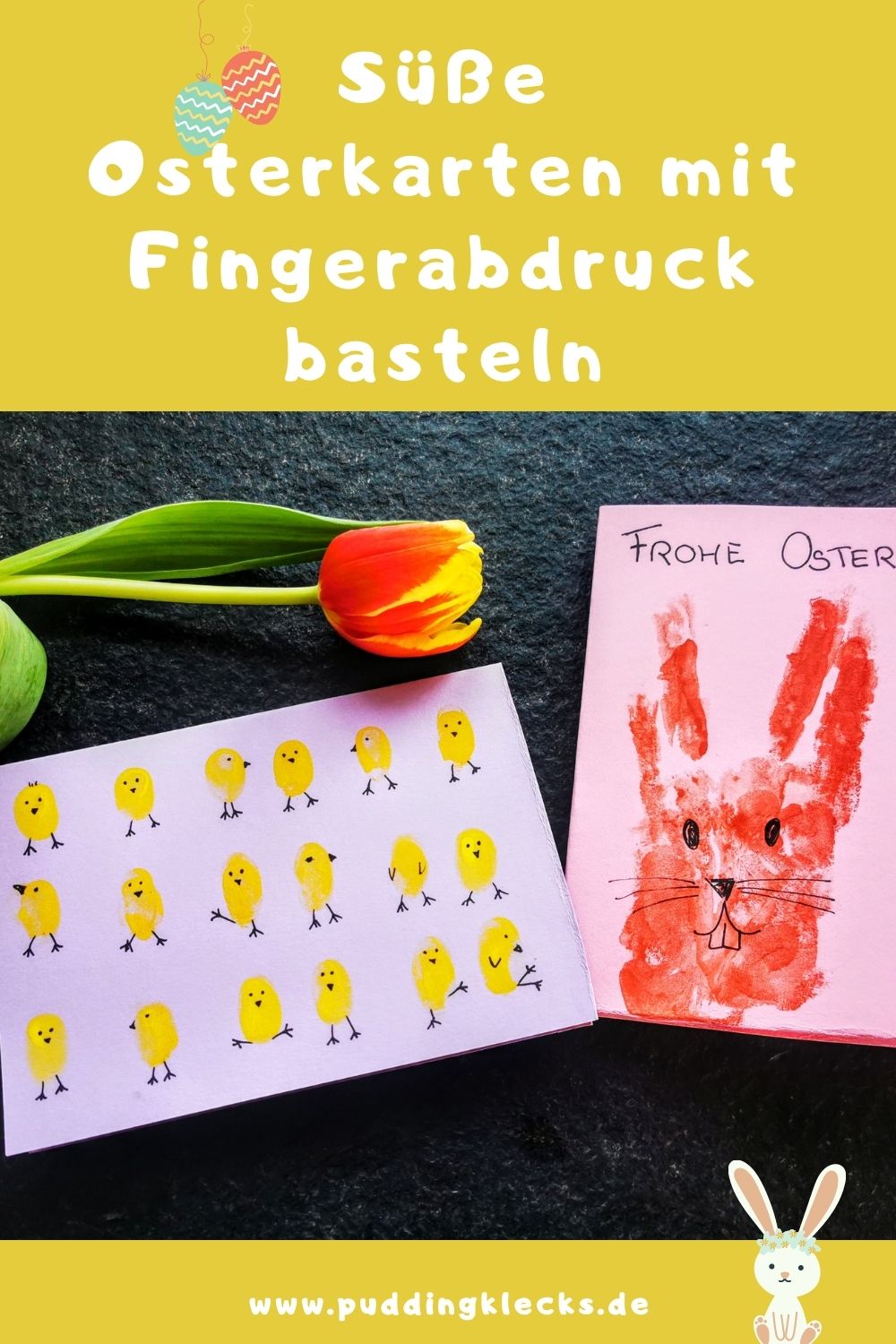 So einfach kannst du individuelle und schöne Osterkarten basteln mit Fingerabdrücken und Handabdrücken. Ein einfaches DIY für zwischendurch. #ostern #osterkarte #basteln #bastelidee #diy #kinder #papier #tonpapier #fingerfarbe #wasserfarbe