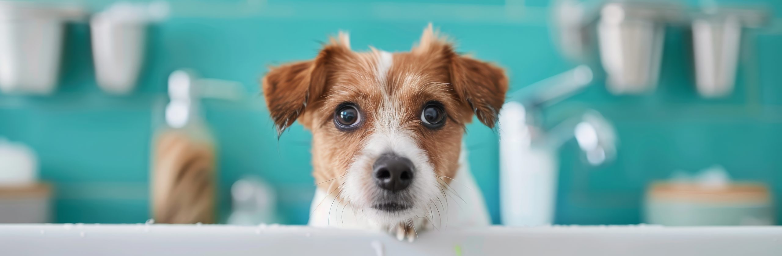 Playful Dog Curiously Peeking Over Bathtub Edge in Bright Bathroom