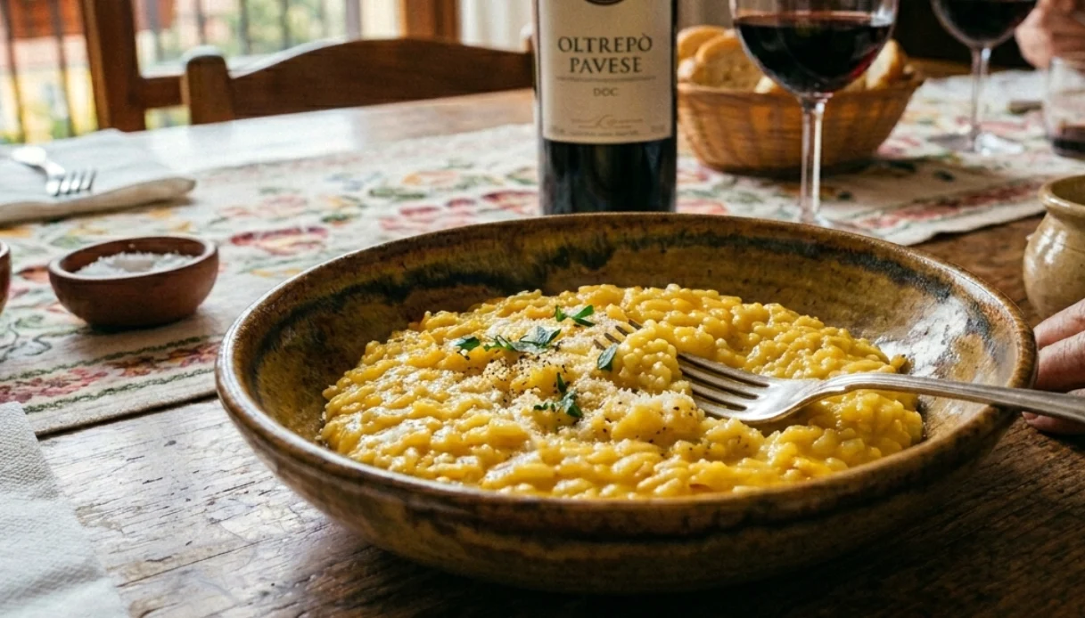Un piatto di risotto allo zafferano cremoso servito su una tavola imbandita per il pranzo della domenica a Pavia.