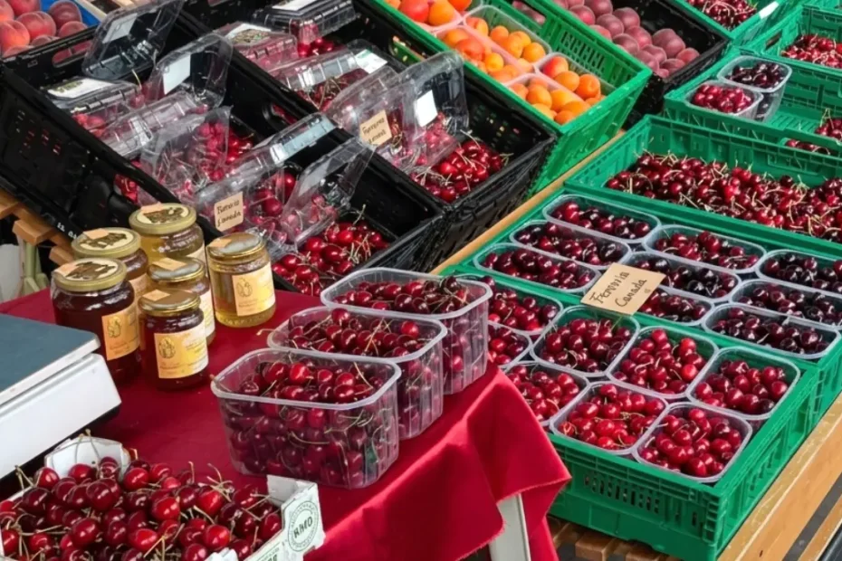 Stand di frutta a KM0 al mercato coperto di Bagnaria con cassette piene di ciliegie rosse, pesche, albicocche e vasetti di miele locale per la Sagra della Ciliegia.