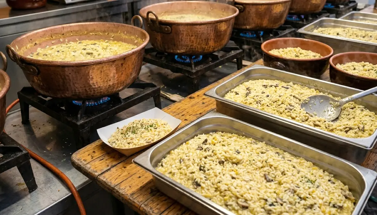 Grandi pentoloni di rame e vassoi colmi di riso mantecato durante la preparazione alla Sagra del Riso di Sannazzaro de' Burgondi.