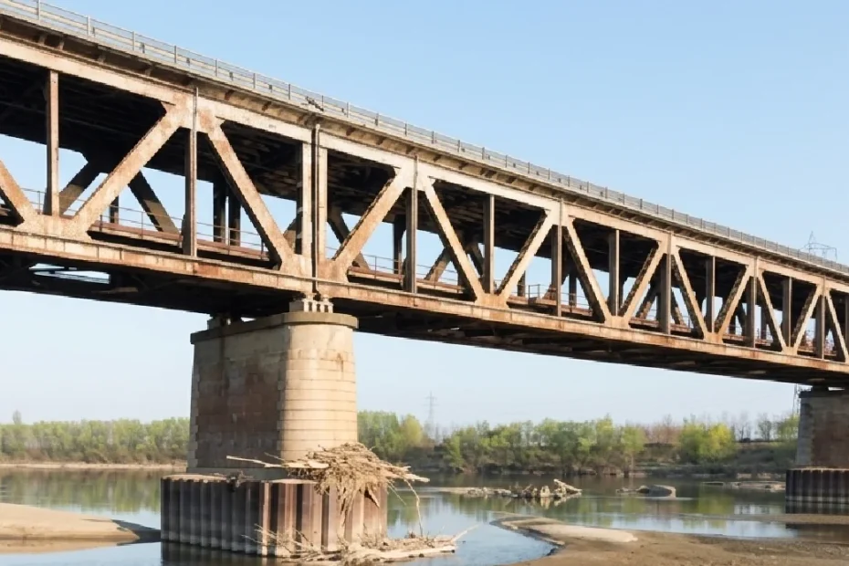 Vista del Ponte di Bressana Bottarone sul fiume Po durante i lavori stradali estivi