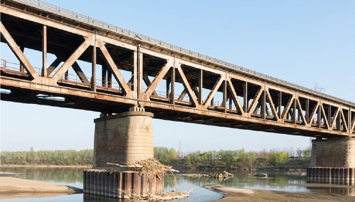 Vista del Ponte di Bressana Bottarone sul fiume Po durante i lavori stradali estivi