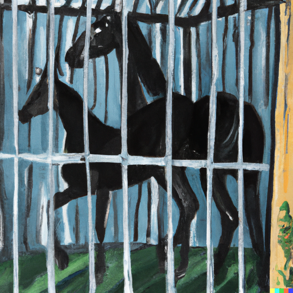 https://usercontent.one/wp/www.quest-for-coin.com/wp-content/uploads/2024/04/DALL·E-2024-04-20-16.50.43-An-acrylpainting-of-a-black-warmblood-horse-in-a-cage-get-arrested.png