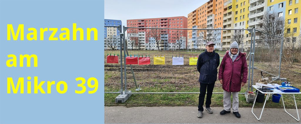 Zwei Anwohneri*nnen stehen neben einem Tisch mit Infomaterial direkt vor der Baustelleneinzäunung für den Schulneubau, hinter Ihnen ist die nach den Baumfällungen kahle Fläche zu sehen.