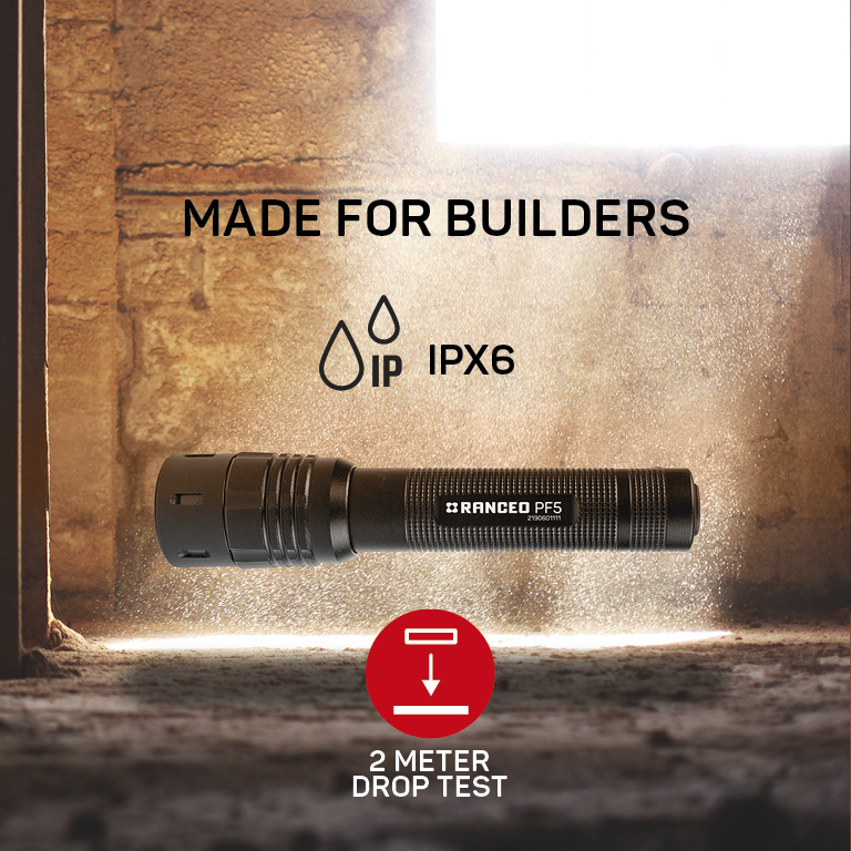 RANCEO PF5 lygte til industri og håndværkere flashlight droptest ipx ean: 5710444906008 art nr. 9060 pictogram