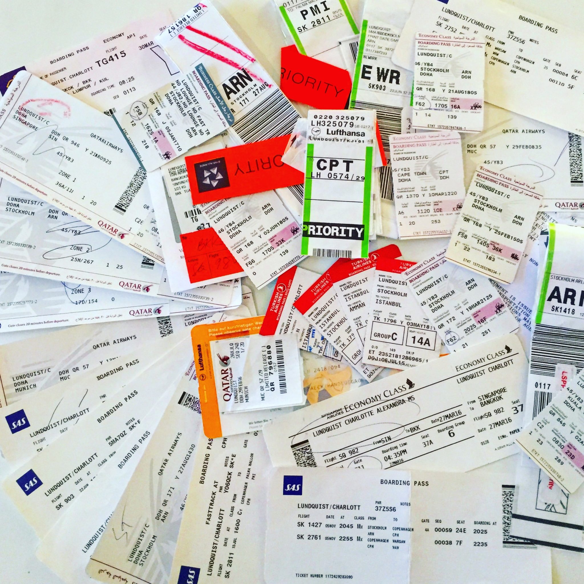 A picture of a lot of travel tags and boarding passes from my trips