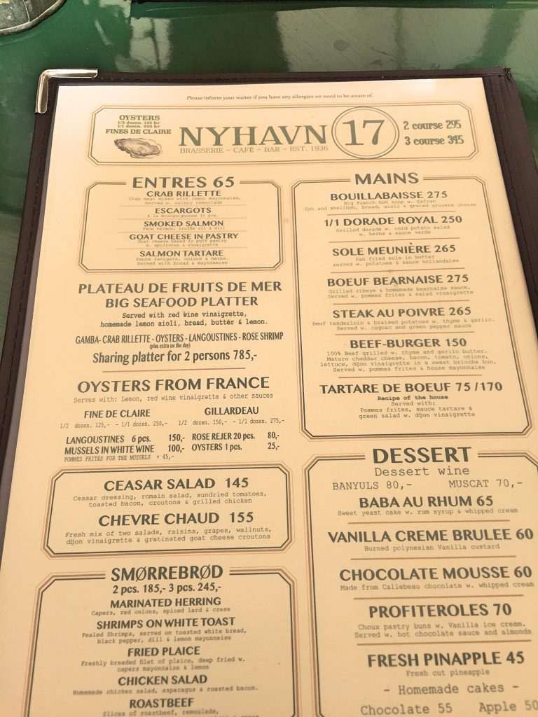 A picture of the menu of Nyhavn seventeen