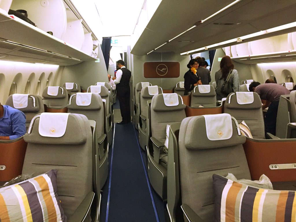 A picture of the front view of the business class cabin on A350