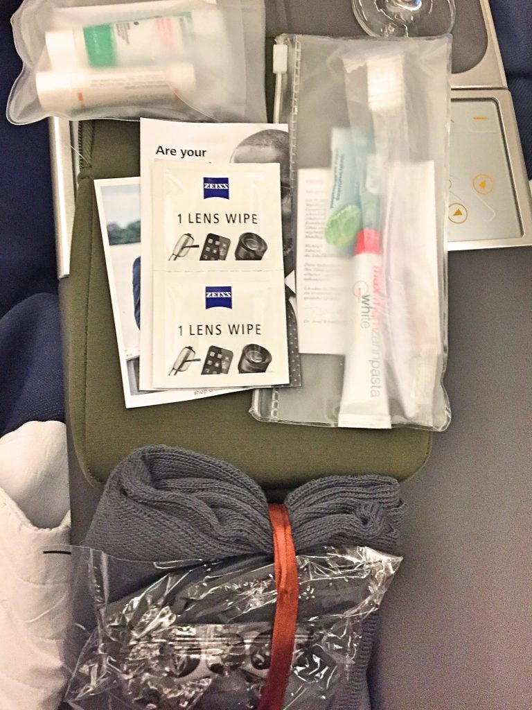 A picture of the free goodies given in business class