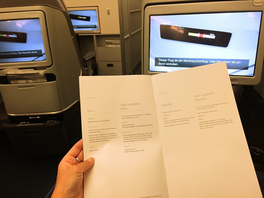 The detailed menu for food in the business class