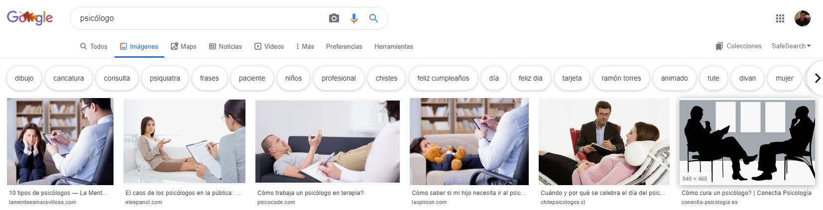 Búsqueda término "psicólogo" en Google.