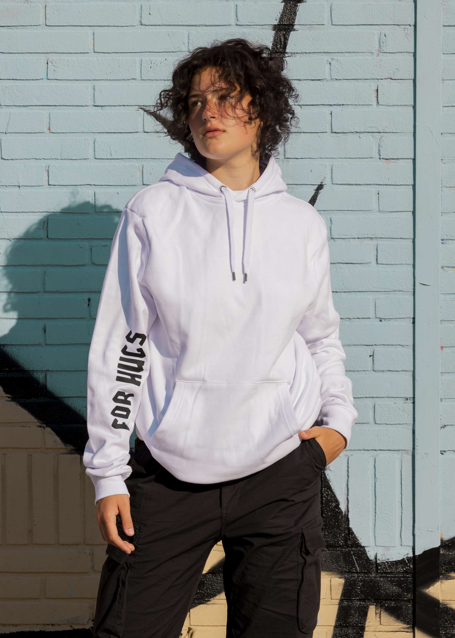 white hoodie front model