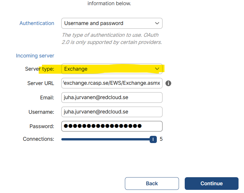 setting up Mailbird towards SaaS rCloud Office in Sweden