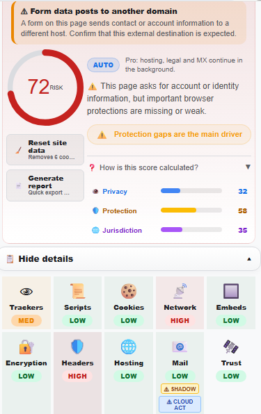 Scantide Observe evaulates the security of websites in real time while you browse. An overall score is given and more details can be viwed if needed. 