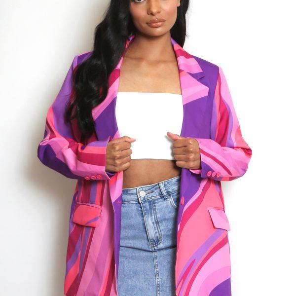 Multikleurige blazer met dubbele rij knopen en print