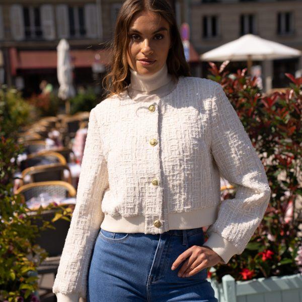Cropped blazer met paillettentextuur