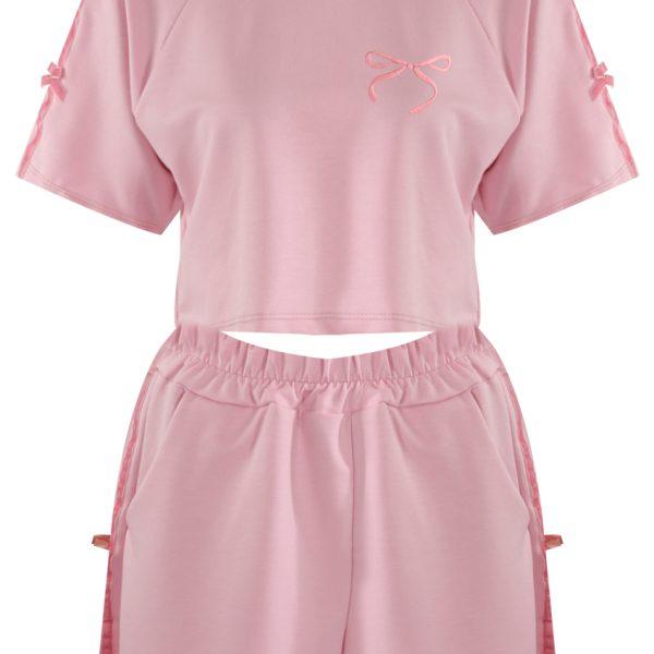 Set van fluwelen strik cropped T-shirt en shorts