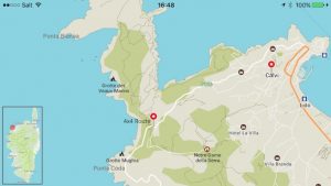 VW Bus auf Korsika Karte bei Calvi
