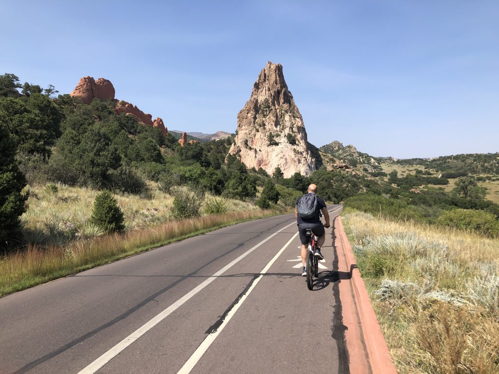 Mountain biking through Garden of the Gods in Colorado