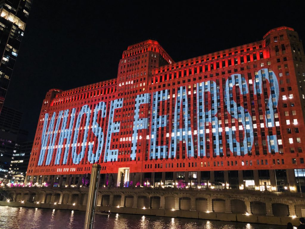 Art on theMART. Vibrant street art. Barbara Kruger art installation at the Riverwalk.