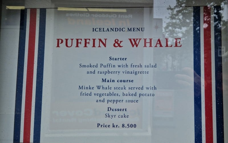 Menu med puffin og minkhval