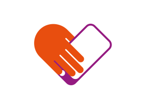 Logotyp för DigiVi. En röd hand håller i en lila mobiltelefon. Tillsammans bildar de ett hjärta.