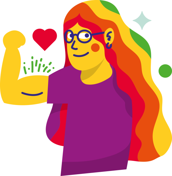 En tecknad bild på en person med långt regnbågsfärgat hår. Hen är stark och spänner musklerna.