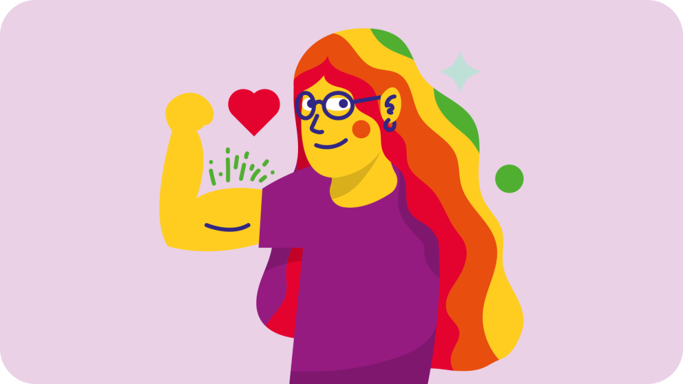 En tecknad bild på en person med långt regnbågsfärgat hår. Hen är stark och spänner musklerna.