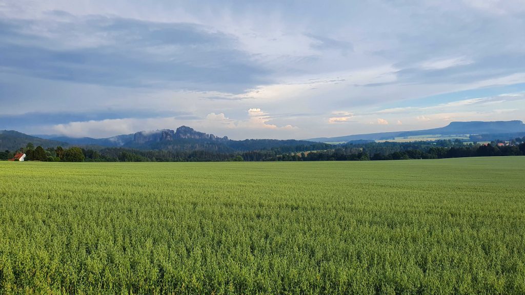 Aussicht vom Parkplatz "Heiterer Blick"-
Schrammsteine und den historischen Personenaufzug
