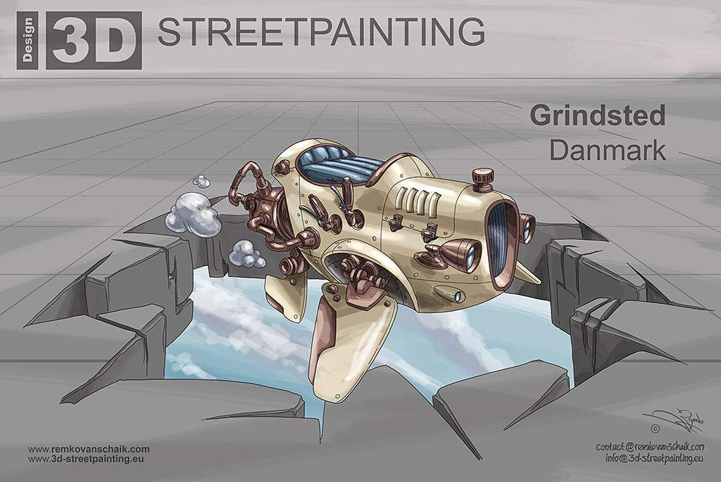 3D Streetpainting Sketch '3D Flying Rod'  designed by Remko van Schaik for  3D Streetpainting Art Project in Grindsted, Danmark.
