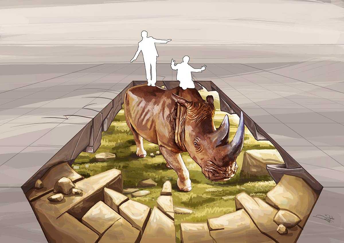 3D Streetpainting Sketch "3D Rhino WWF" designed by Remko van Schaik for World Wildlife Fund (WWF) Stop Wildlife Crime