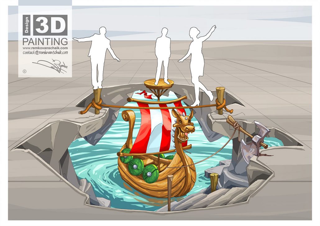 3D Streetpainting Sketch ‘3D Viking Ship’ designed by Remko van Schaik for Shopping Mall Citti-Park