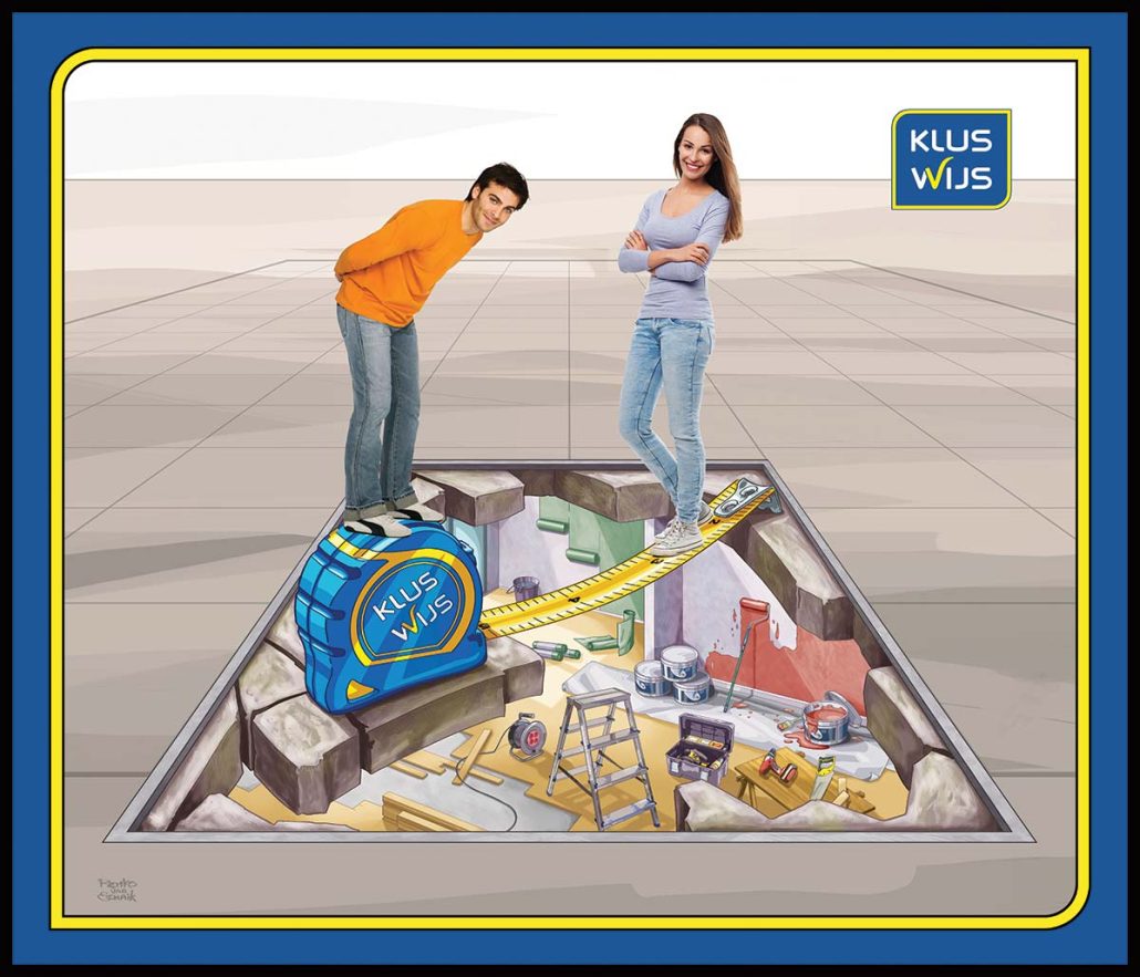 3D Streetpainting Sketch '3D Klus Wijs' designed by Remko van Schaik for Bouwmarkt Klus Wijs