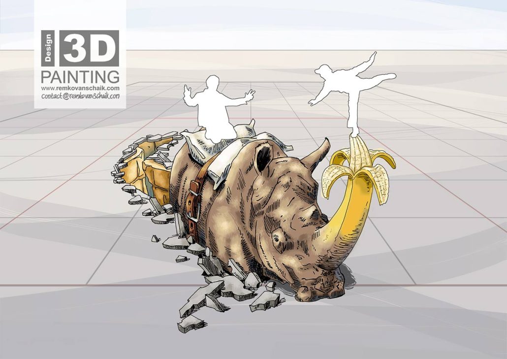 3D Streetpainting Sketch '3D Banana Rhino' designed by Remko van Schaik for Kulturhus Hammel, Denmark