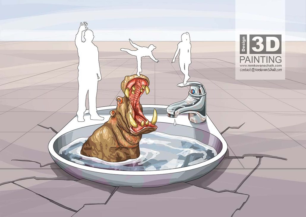 3D Streetpainting Sketch '3D Hippo in sink' designed by Remko van Schaik for StreetArt Festival Brande, Denmark