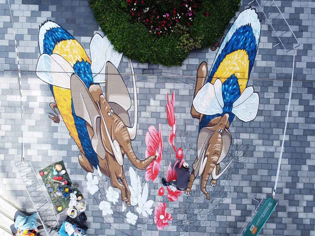 3D streetpainting ‘3D Bumblephants’ designed by Remko van Schaik at Street Art Nieuwegein 2024, the Netherlands.