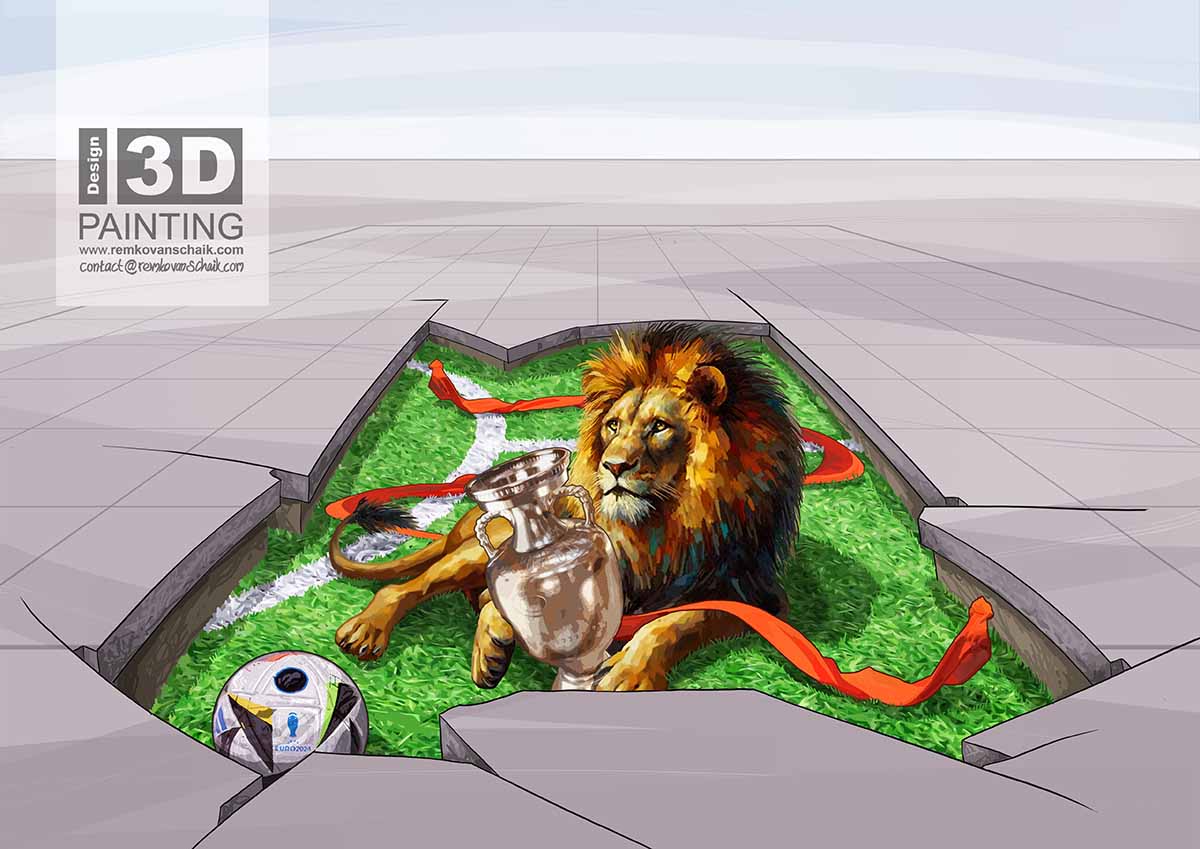 3D Streetpainting Sketch '3D EK Lion' designed by Remko van Schaik for winkelcentrum Streekhof te Bovenkarspel, NL.