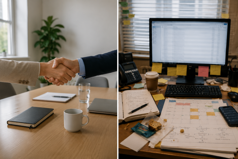 Clean handshake vs cluttered workspace