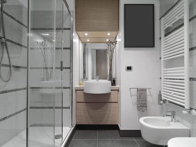 interior view of a modern bathroom with glass shower cubicle