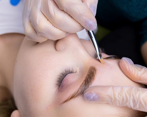 eye treatment – 01 the master in white gloves holds the eyebrow of the model after the lamination procedure with compounds and applies a toning cream with a brush