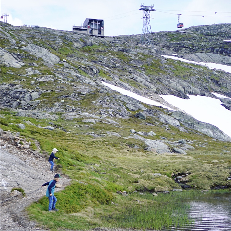 Love och Valter kastar stenar i sjö uppe på Åreskutan. 