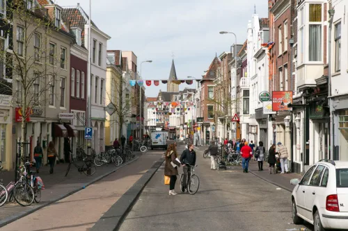 street view of Utrecht with pedestrians and cyclists