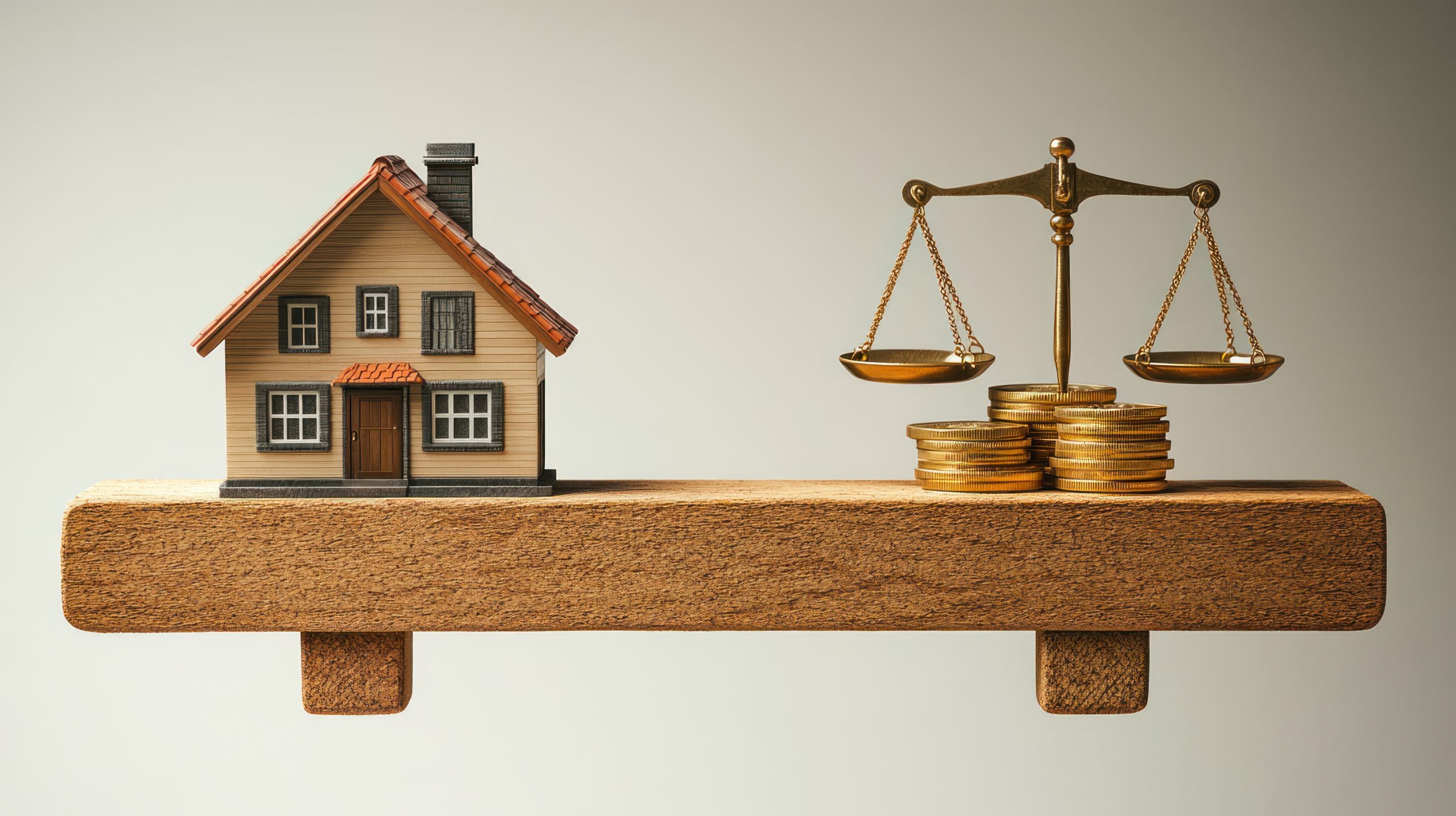 A miniature house and a scale with gold coins on one side, representing the balance between justice and financial costs.