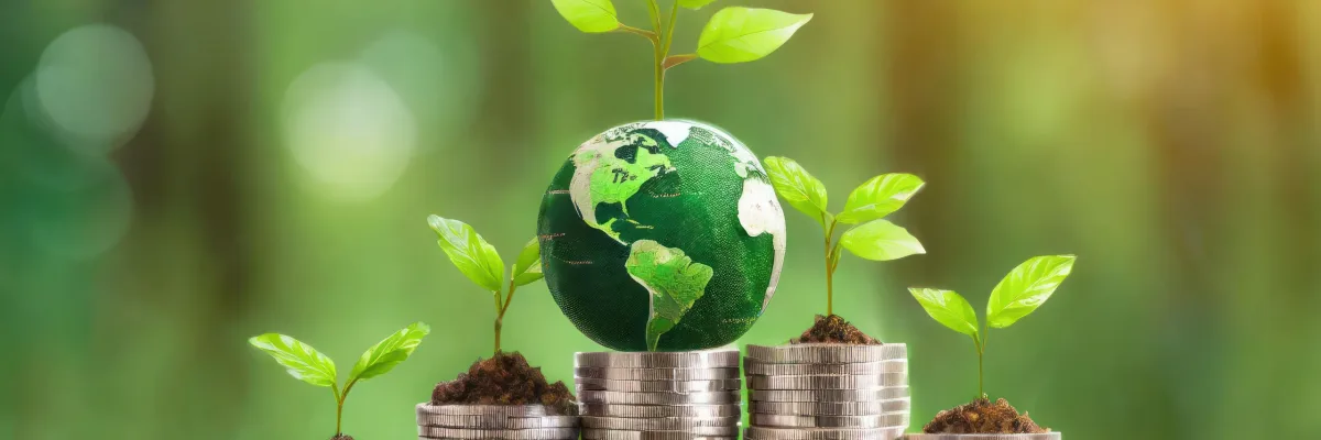 green globe with world map and stack of silver coins the seedlings are growing on top concept of green business finance and sustainability investment carbon credit money saving investment